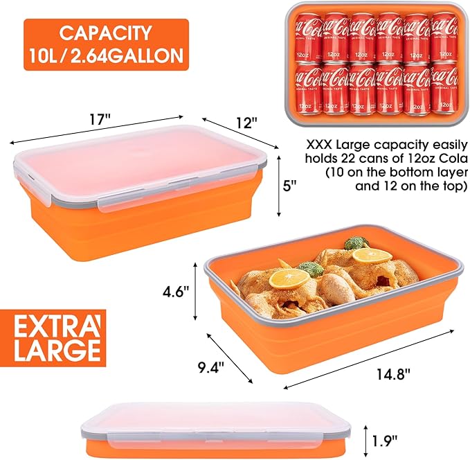 Silicone Collapsible Marinating Container with Lid for Meat 2.64Gal/10L Extra Large Collapsible BBQ Prep Tub Transparent Locking Lid XL Grill Prep Trays and Carry System BBQ Must-Have Orange