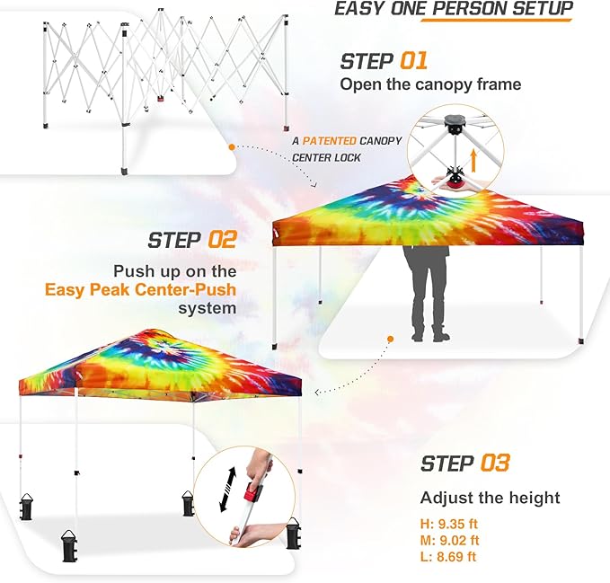 EAGLE PEAK Pop Up Canopy Tent with Wheeled Carry Bag 8 Stakes 4 Ropes 4 Weight Bags Easy Set Up Tent Canopy 10x10 ft 100sqft of Shade Cosmic Tie Dye