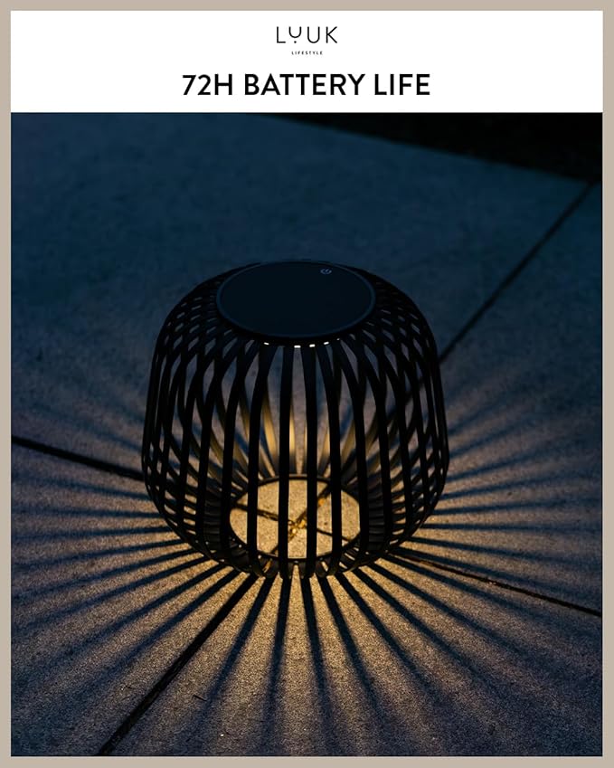 LUUK LIFESTYLE Solar LED Lantern for Indoor &amp Outdoor use Cordless Table lamp with Modern Metal cage Design dimmable Garden lamp Rechargeable Solar Light up to 72 Hours Lighting Duration Blac