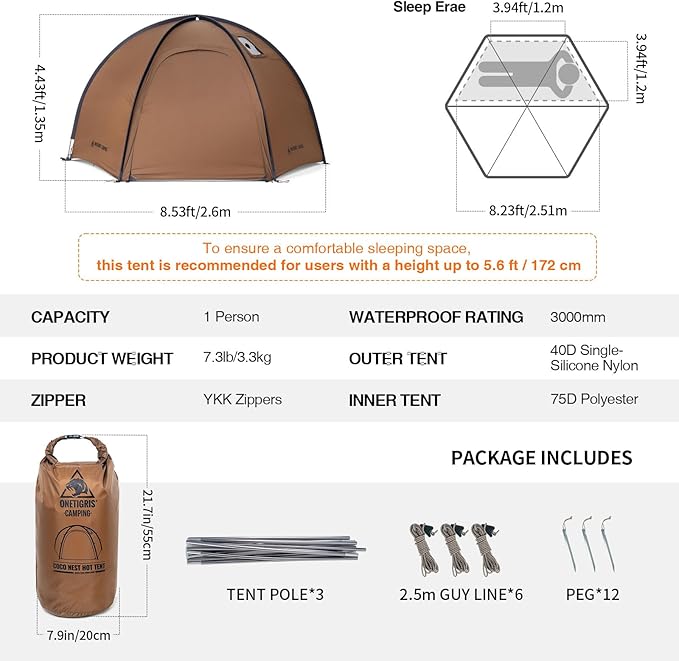OneTigris Coco NEST Solo Hot Tent with Stove Jack 3000mm Waterproof Windproof Free-Standing Dome Tent with Mesh Inner