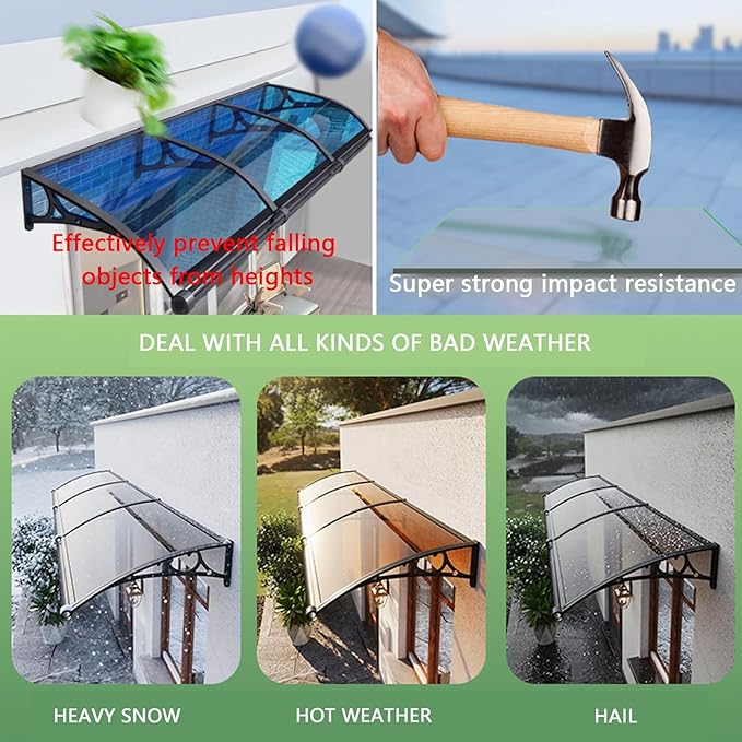 Awning for Door Entrance Aluminum Bracket Polycarbonate Board Exterior Awnings 60x220cm/24x87in 100x160cm/39x63in for Sun Shutter Rain Snow Protection(80x240cm/32x95in)