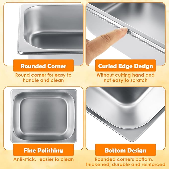 QTLCOHD 4 Pack 1/2 Half Size Hotel Pan with Lids 4 Inch Deep Steam Table Pan with Lid 12.8 x 10.4 Inch Stainless Steel Pans for Home Party Hotel Buffet