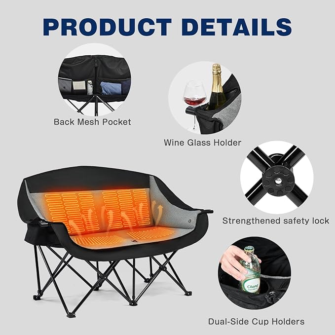 apollo walker Heated Double Camping Chair - Extra Wide Heavy Duty 600lbs Camping Couch with Adjustable Heating Dual Cup Holder &amp Carry Bag Loveseat Camping Chair for Outdoor Lawn Park