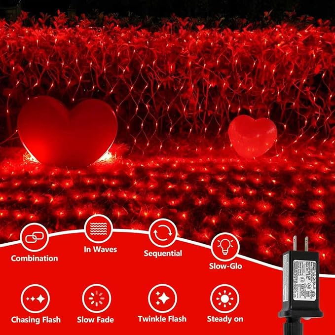 QITONG Red Net Lights Outdoor Mesh Lights 360 LED 12ft x 5ft Christmas Net Light Plug in 8 Modes Clear Wire Bush Light