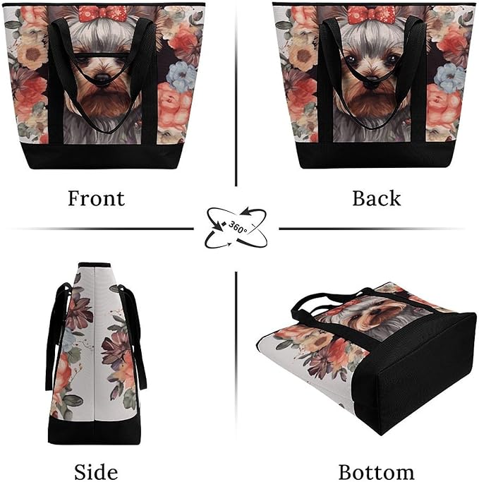 Insulated Shopping BagLarge Reusable Cooler Bags Yorkie Floral Printed Foldable Shopping BagTravel Waterproof Shoulder Bag