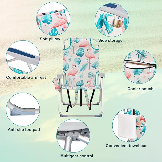 63 * 70 * 99cm Heightened Oxford Cloth Silver White Aluminum Tube Bearing 100kg Beach Chair Flamingo