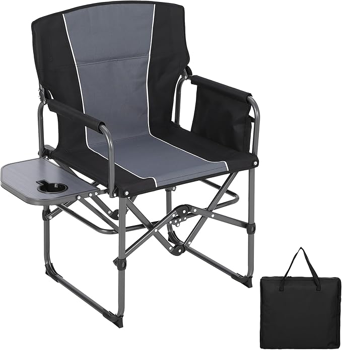 Folding Camping Chairs for Adults Portable Lawn Chair with Side Table Side Pocket &amp Beverage Holder Heavy Duty Director Chair for Outside Rv Beach Yard Garden Deck