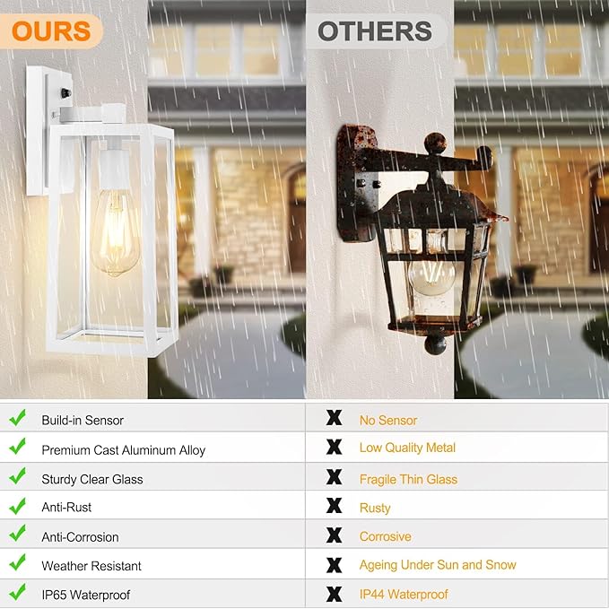Dusk to Dawn Outdoor Lighting Fixtures Wall Mount Sensor Exterior Wall Lights for House Anti Rust Porch Light White Sconce Lamp Waterproof Wall Lantern for Doorway Garage 2-Pack