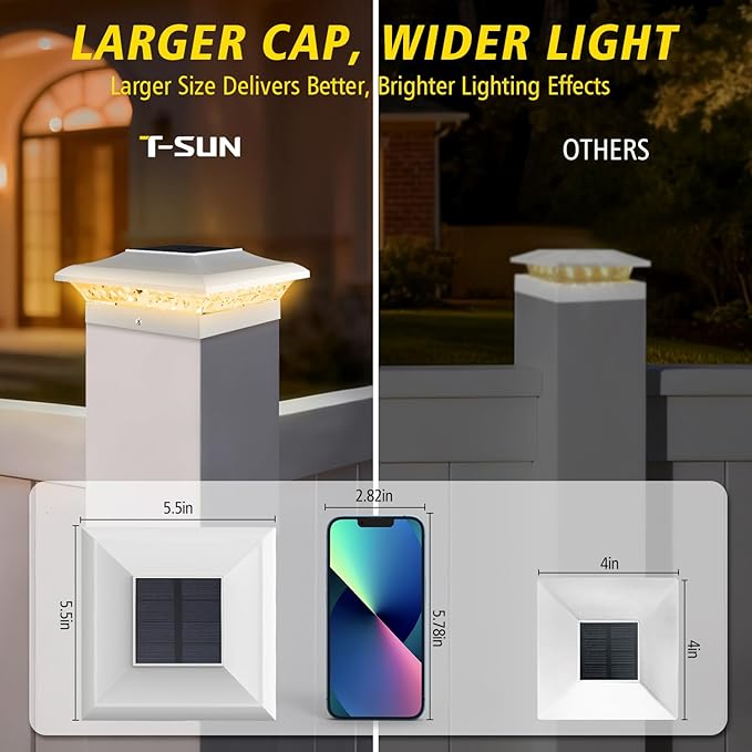 T-SUN 4x4 Post Cap Lights 12 Pack for Vinyl/Wooden Fence Auto Dusk to Dawn Outdoor Waterproof Warm &amp Cool White Solar Powered Deck/Patio Lighting