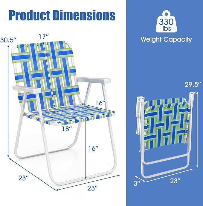 Giantex 2-Pack Lightweight Folding Camping Chairs 330 LBS Beach Chairs with Armrests No Assembly Needed Portable Webbed Lawn Chair for Picnic Fishing Patio Yard Outdoor Events Blue