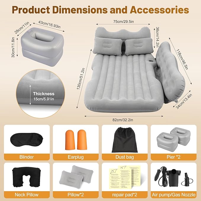 Inflatable Car SUV Air Mattress Back Seat Bed with Air PumpPortable Thickened Car Travel Camping Sleeping Air Mattress Blow Up Bed for Car Universal SUV