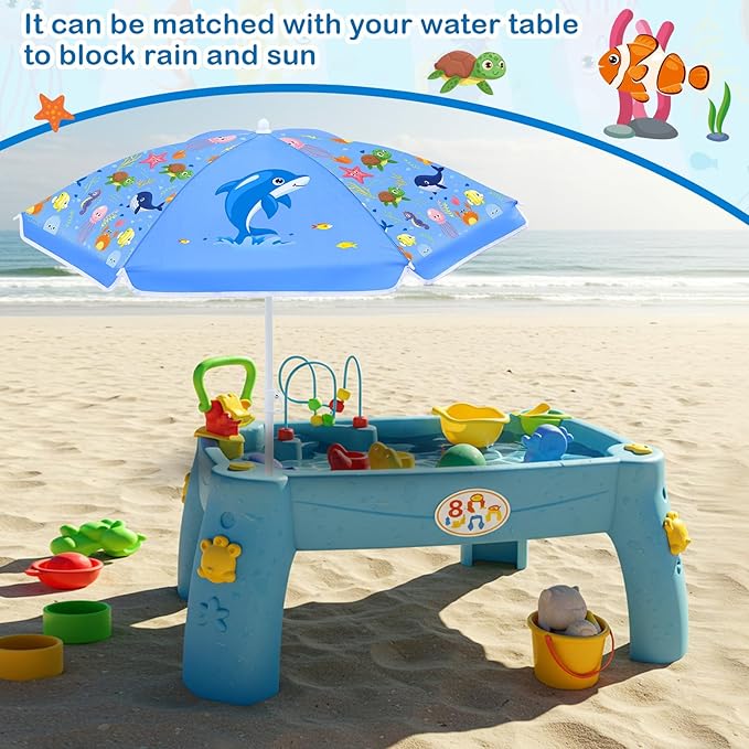 Sweetude Water Table Umbrella (Table Not Included) Kids Seaside Beach Umbrella Picnic Canopy for Summer Toddlers Sand Beach Camping Garden Outdoor Pool Shade Party Supply(Marine Animal Theme)