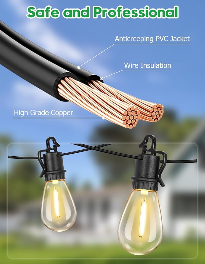 200FT Outdoor String Lights with 104 Shatterproof S14 Vintage Edison Bulbs E12 Sockets2700K Dimmable Outdoor LightsIP55 Waterproof LED String Lights for Outside Patio Garden BackyardBistro