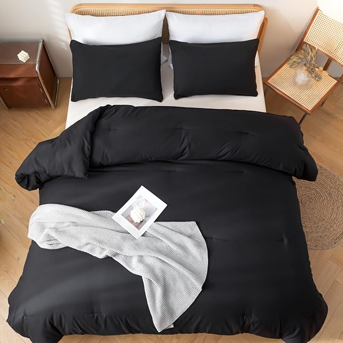 ROSGONIA Oversized King Comforter Black 3pcs(1 Boho Comforter &amp 2 Pillowcases) Soft Lightweight Oversized King Size Comforter Sets All Season Bedding