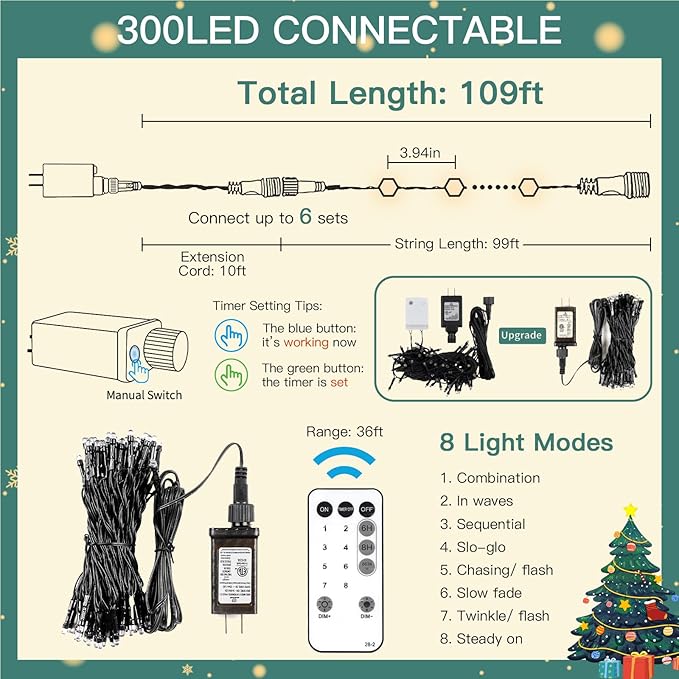 suddus 300 Led Christmas Lights Outdoor 99ft Connectable Twinkle Lights with Remote Christmas Tree Lights for Xmas Tree Holiday Party Porch Decor Warm White