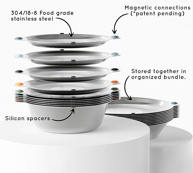 FULL WiNDSOR - MAGWARE - Magnetic Bowls and Plates Set - Stainless Steel Travel Dinnerware for Camping Overlanding Backpacking Picnic RV Outdoor Dining Portable Tableware Mess Kit