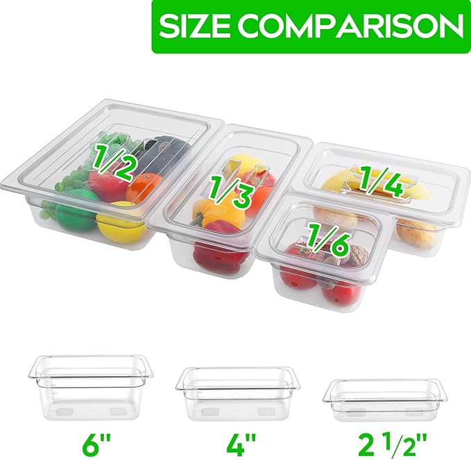 6 Pack 1/3 Size 4'' Deep Clear Food Pans with Lids Commercial Food Pans Polycarbonate Transparent Food Storage Containers Stackable Plastic Pan with Capacity Scale Restaurant Supplies Hotel Pan