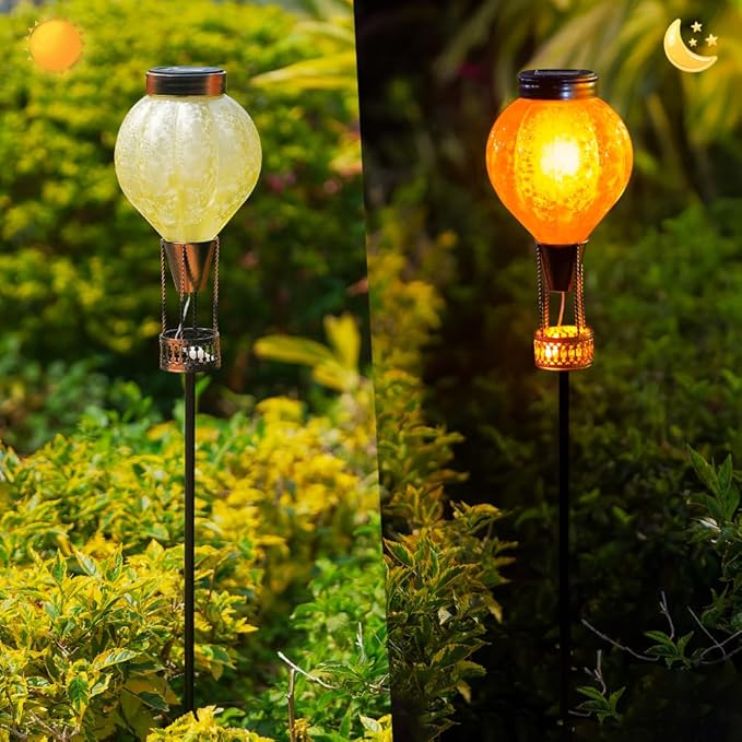Outdoor Solar Lights Waterproof with Hot Air Balloon Flickering Flame Solar Garden Light Glass Landscape Lamp Stake Lights Outside Decor for Pathway Walkway Yard Patio