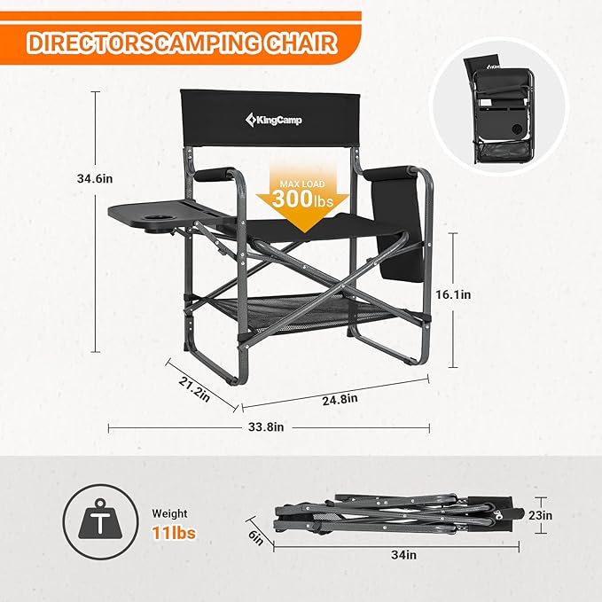 KingCamp Directors Chair with Side Table Folding Camping Chairs for Adults with Storage Pockets Breathable for Outside Camping Lawn Picnic Beach &amp Fishing (Black)