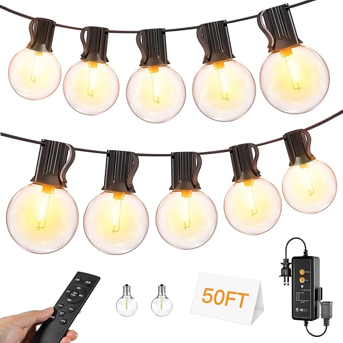 50FT Outdoor String Lights with Remote Dimmer 25 + 2 Spare Led G40 Bulbs Connectable Dimmable Balcony Lights Support Timer Waterproof Shatterproof for Patio Porch Garage Cafe