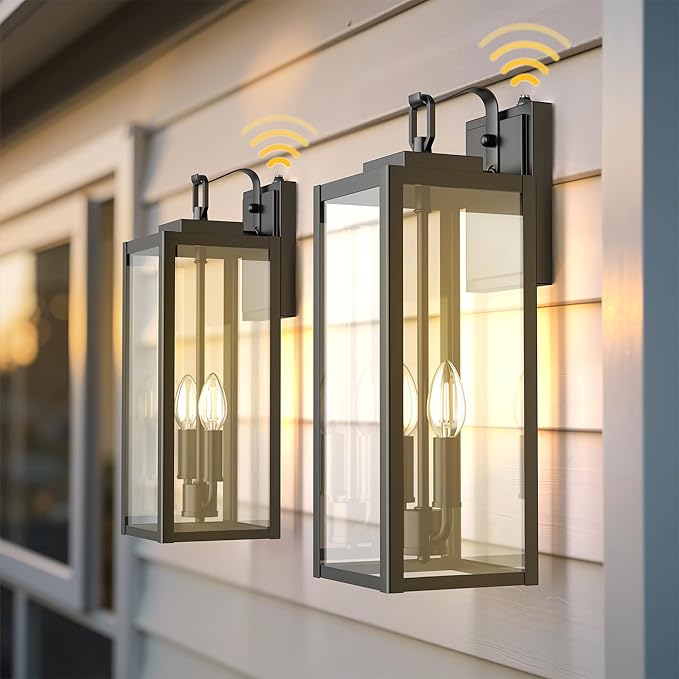 L LOHAS LED 18 Inch Dusk to Dawn Outdoor Wall Lights 2-Light Black Outdoor Wall Sconce Lantern with Clear Glass Shade Tall Transitional Exterior Light Fixtures for Porch Garage ETL Listed 2 Pack
