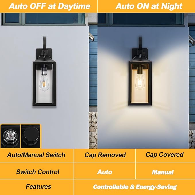 Large Dusk to Dawn Outdoor Wall Light 19 Black Outside Farmhouse Wall Sconce Industrial Wall Mount Light Fixture Waterproof Modern Porch Lighting Exterior Lamp for House -with Gold Trim