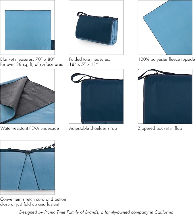 ONIVA Blanket Tote XL Outdoor Picnic Blanket 70x80 Foldable Beach Blanket with Fleece Top Water-Resistant Backing Strap &amp Pocket Portable Mat for 4-5 People by Picnic Time (Dusty Blue)