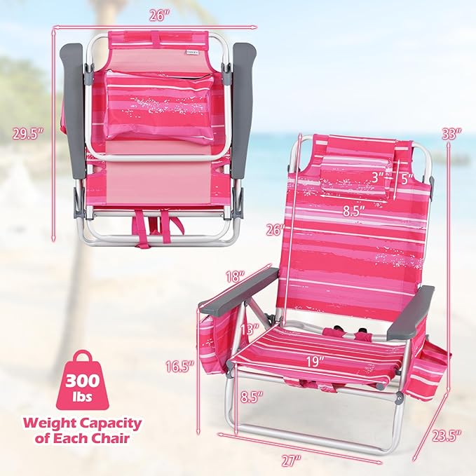 Goplus Beach Chair Folding Backpack Beach Chairs for Adults with 5 Positions Head Pillow Cooler Bag Towel Bar Cup Holders Sunbath Sling Tanning Lounge Foldable Layout Camping Chairs