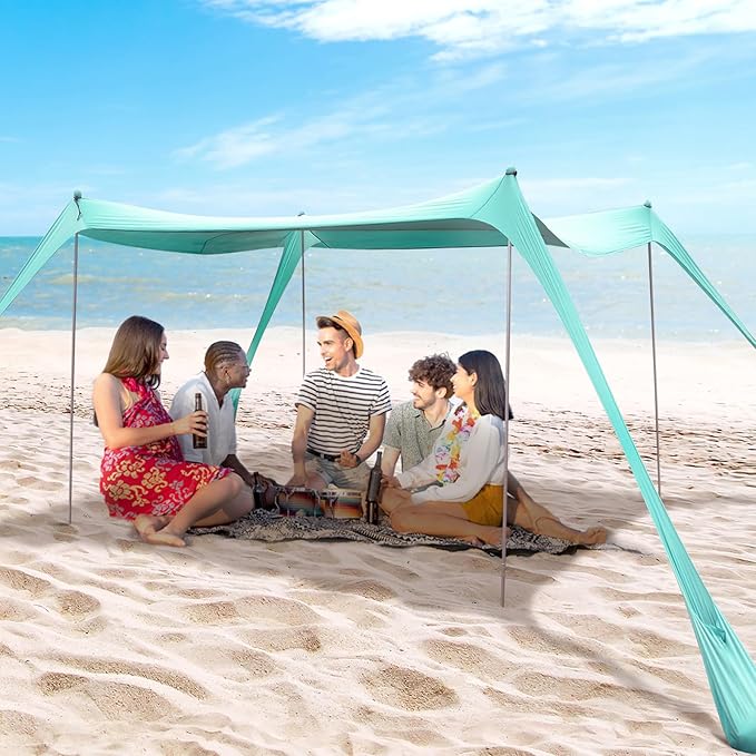 BOTINDO Family Beach Tent Canopy Sun Shade Pop Up Grande Beach Tent Sun Shelter Stability 4 Poles with Portable Carry Bag Outdoor Shade for Fishing Backyard Camping (Mint Green 10x10FT 4Pole)