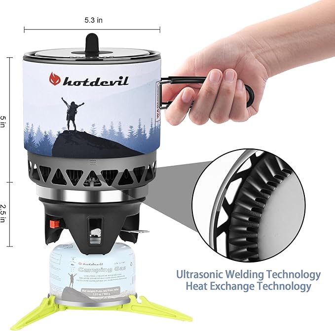 1.2L Backpacking Camping Stove Cooking System with Piezo Ignition Outdoor Portable Burner with Pot &amp Brackets Camp Stove Camping Stove Kit Propane Ideal for Hiking Fishing Hunting