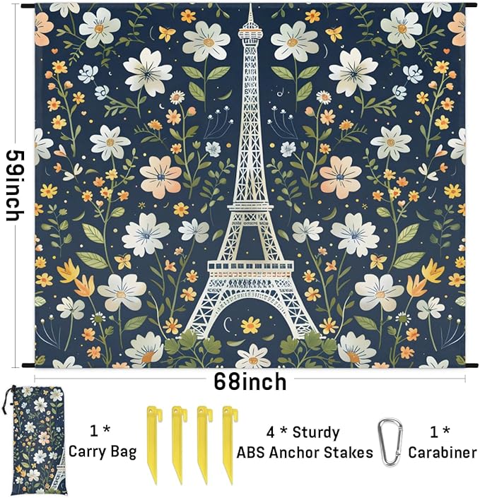 Waterproof Sandproof Beach Blanket 59''×68'' Plant Architectural Landscape Polyester Outdoor Picnic Blanket with 4 Stakes &amp Storage Bag for BeachCampingVacation Retro Blue