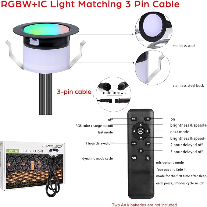 Recessed Step Lights RGBW+IC Led Lights Outdoor Waterproof IP67 1.22 Deck Lighting Wi-Fi Deck Stair Light DC12V Low Voltage Music Sync 20 Pack