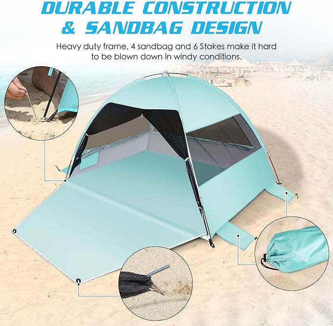 Large Easy Setup Beach TentAnti-UV Beach Shade Beach Canopy Tent Sun Shade with Extended Floor &amp 3 Mesh Roll Up Windows Fits 3-4 PersonPortable Shade Tent for Outdoor Camping Fishing (Mint Green