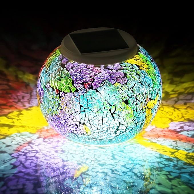 Color Changing Solar Powered Glass Mosaic Ball Led Garden Lights Rechargeable Solar Table Lights Outdoor Waterproof Solar Night Lights Table Lamps for Decorations Ideal Gifts