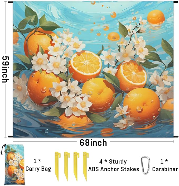 Waterproof Sandproof Beach Blanket 59''×68'' Fruit Orange Polyester Outdoor Picnic Blanket with 4 Stakes &amp Storage Bag for BeachCampingVacation Golden Yellow