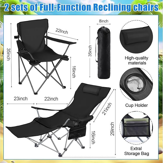 Karenhi 2 Set Beach Camping Chair with Umbrella for Adult Folding Reclining Camping Chair with Foot Rest Adjustable Clamp Canopy Shade for Outdoor Patio Travel Beach(Black)