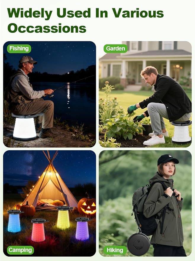 Collapsible Camping Stool with Lights (5 Colors 3 Modes) Holds up to 400 lbs &amp Adjustable Height (10 Levels) Portable Folding Chair Stool Seat for Fishing Parties Hiking Travel Outdoor Even