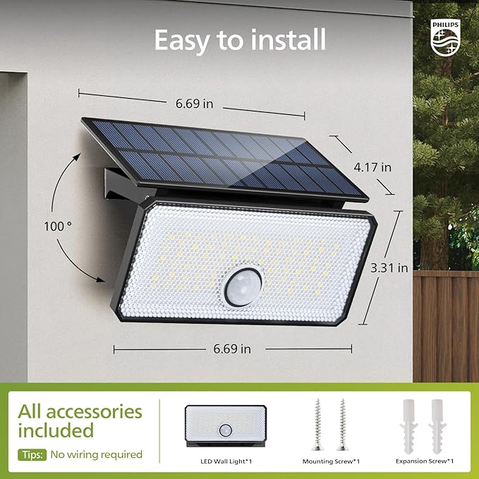 Philips Solar Motion Sensor Light Outdoor 3 Modes 1000LM 7000K Daylight Waterproof Solar Powered Flood Light for Garden Yard Garage