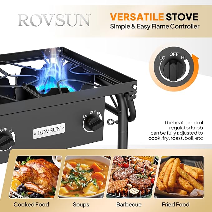ROVSUN 3 Burner Gas Stove with 2 Side Shelves 225000BTU Portable Propane Stove with Removable Leg Wind Panel Regulator for Camping Home Backyard Outdoor Cooking Brewing Canning Turkey Frying