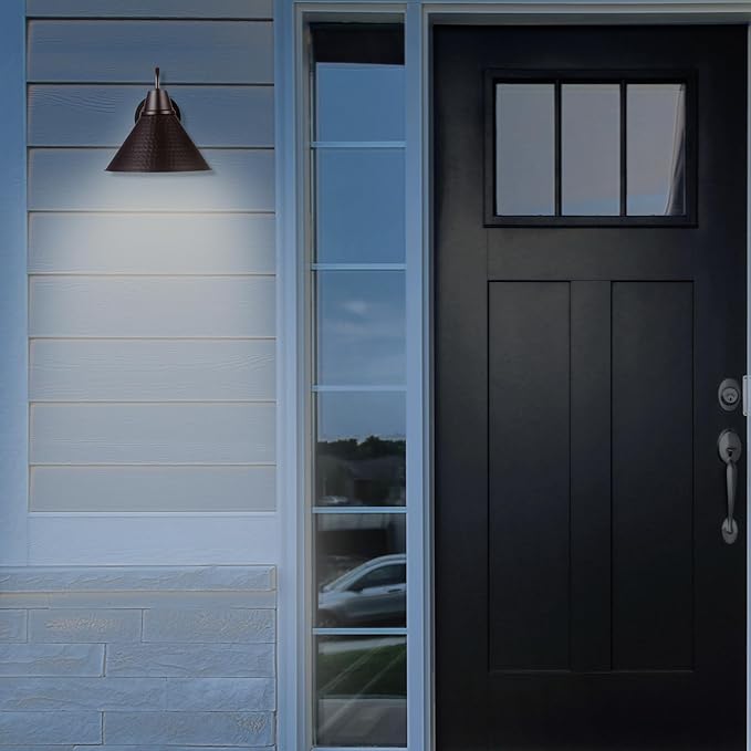Globe Electric 60000013 1-Light Outdoor Wall Sconce Bronze 9 Warehouse Shade Painted Gold Interior Gooseneck Stem Porch Light Wall Lighting Patio Décor