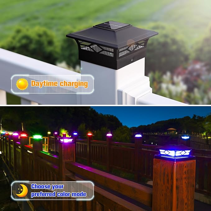 VOLISUN Solar Post Cap Light Outdoor Waterproof: RGB Color Changing - Solar Fence Cap Flashing Lights 8Pack Black for 4x4 5x5 6x6 Wooden Vinyl Post