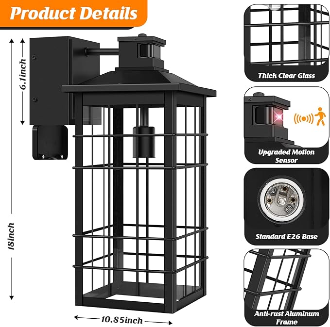 18inch Large Size Motion Sensor Porch Light with GFCI Outlets Dusk to Dawn Black Outdoor Wall Light Fixture 3 Modes Exterior Lighting Fixture Waterproof Outside Wall Lantern Sconce for House 1-Pack