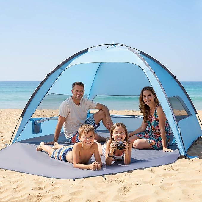 VEVOR Beach Tent Sun Shelter for 4 Person UPF 50+ Protection Portable Sun Shade Beach with Carrying Bag &amp Sand Pockets Lightweight and Easy Setup Beach Umbrella for Camping Fishing Outdoor Picn