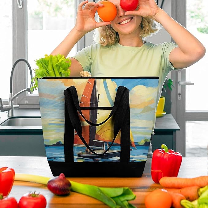Insulated Shopping BagLarge Reusable Cooler Bags Colorful Sail Boat Printed Foldable Shopping BagTravel Waterproof Shoulder Bag