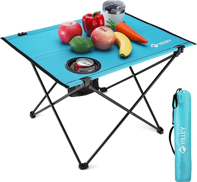 VILLEY Folding Camping Table Lightweight Portable Beach Table with 2 Cup Holders &amp Carry Bag for Camping Beach Fishing Travel and Outdoor Activities (Small)