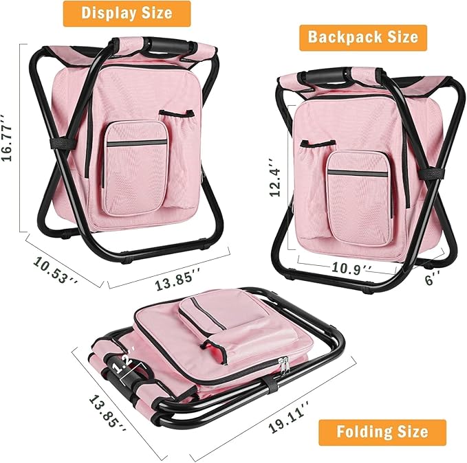 Out&ampAbout 3-in-1 Backpack Stool Cooler Chair 400 LBS Max Load Portable Folding Fishing Cooler Stool - Pink