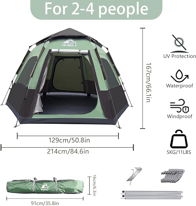 Hewolf 2/3/4 Person Camping Tent - Instant Pop Up Waterproof 2 Doors Tent with Easy Setup | 3-Season Hexagonal Dome Design for Family Hiking &amp Traveling