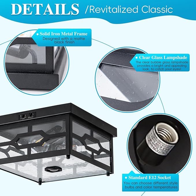 Outdoor Ceiling Light with Motion Sensor Flush Mount Squares Porch Light 2-Light Dusk to Dawn Ceiling Lights Fixture with Clear Glass for Entryway Farmhouse Garage Front and Back Yards Black