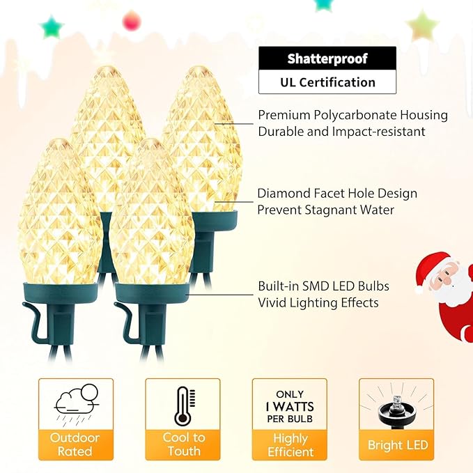 C9 LED Christmas String Lights 66ft 100 LED Waterproof Strawberry String Lights Plug-in Extendable Green Wire Lights String for Outdoor Indoor Outside Patio Wedding Party Decoration Warm White