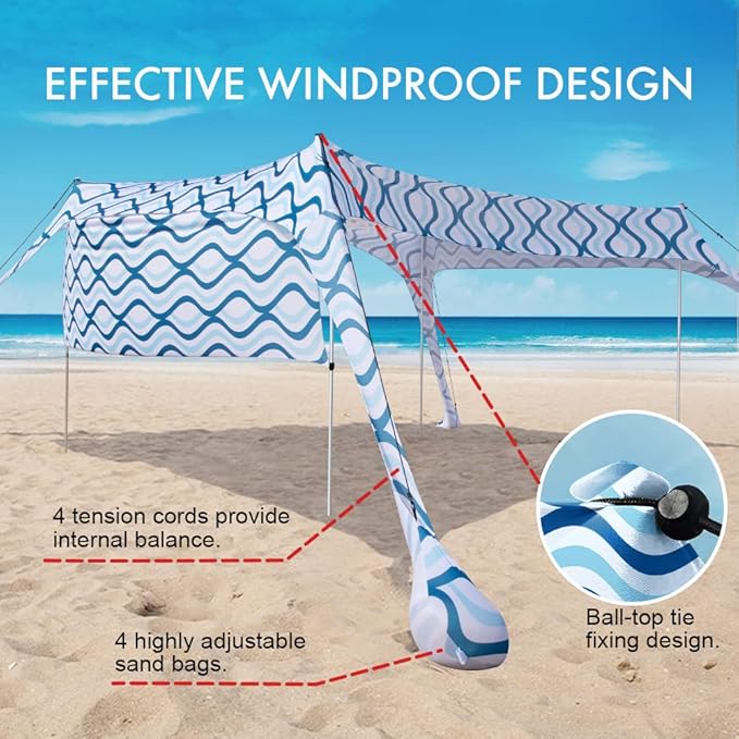 Beach Canopy Tent Shade with Sidewalls 10x10FT 6.6FT Tall UPF50+ Sun Shelter Windproof &amp Water Resistant Includes Guylines Sand Shovel Stability Poles Easy Up for Beach Outdoor Camping Backya